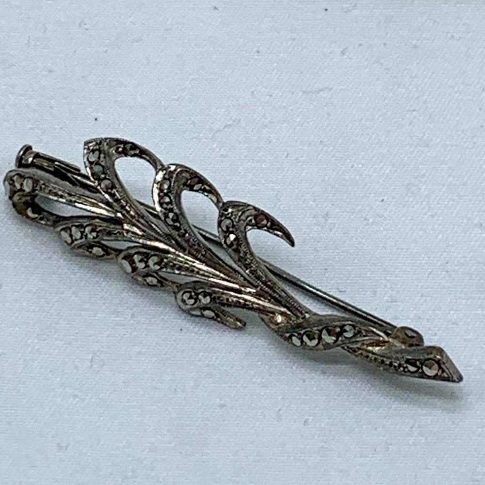 925 Sterling Silver Marcasite Leaf Branch Pin Brooch Vintage Art Deco